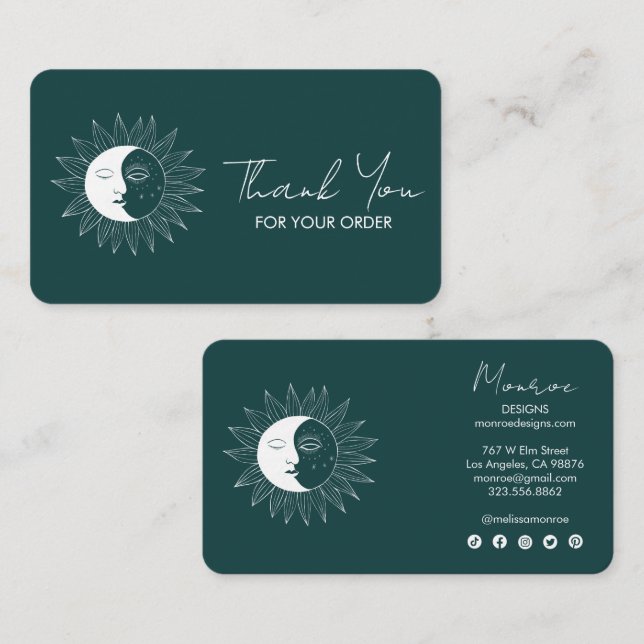 Sun & Moon Boho Social Media Order Danke Green Visitenkarte (Vorne/Hinten)