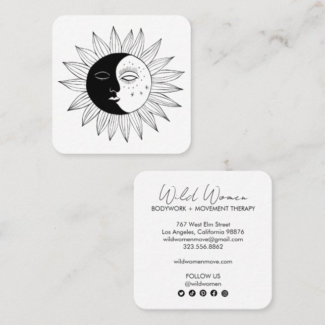 Sun & Moon Elegante Boho Line Kunst, Dichtung und  Quadratische Visitenkarte (Vorne/Hinten)