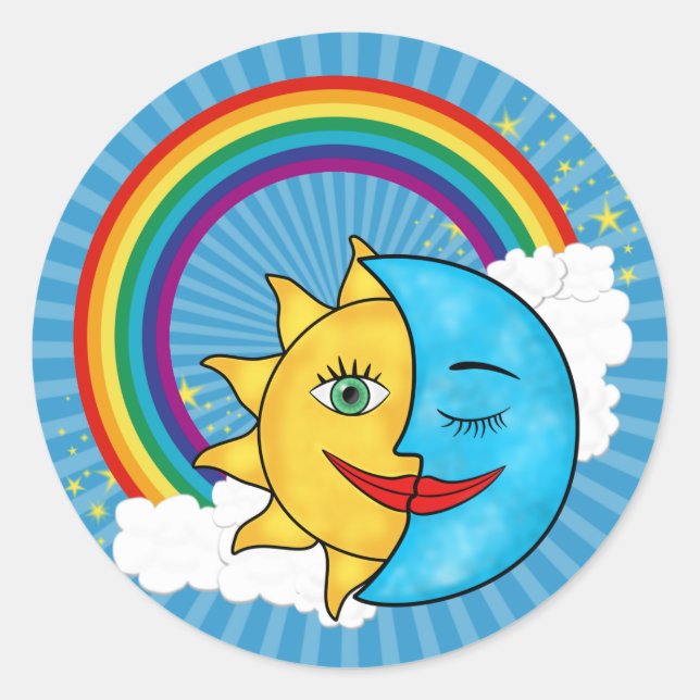 Sun Moon Rainbow Stars Runder Aufkleber (Vorderseite)
