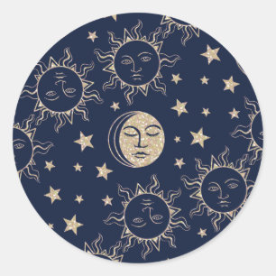 Sun & Moon Retro Magic Navy Blue Vintag Celestial Runder Aufkleber