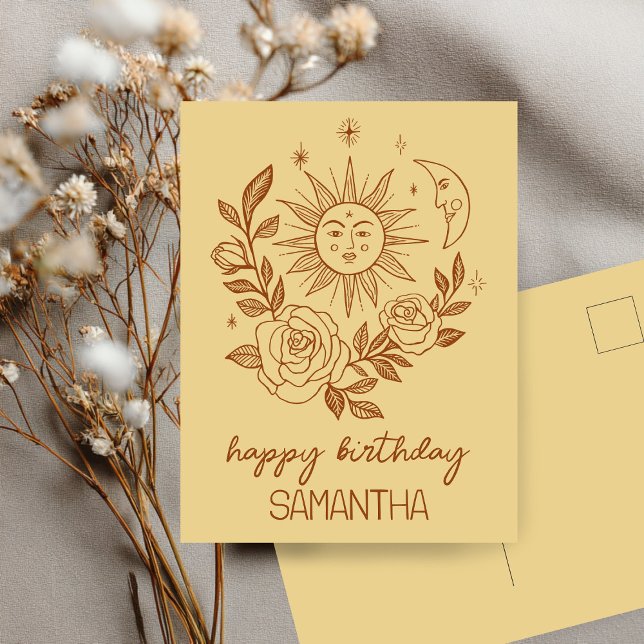 Sun Moon & Rose Boho Magical INDIVIDUELLE NAME BIR Postkarte (Sun Moon & Roses Boho Magical CUSTOM NAME BIRTHDAY Postcard
)
