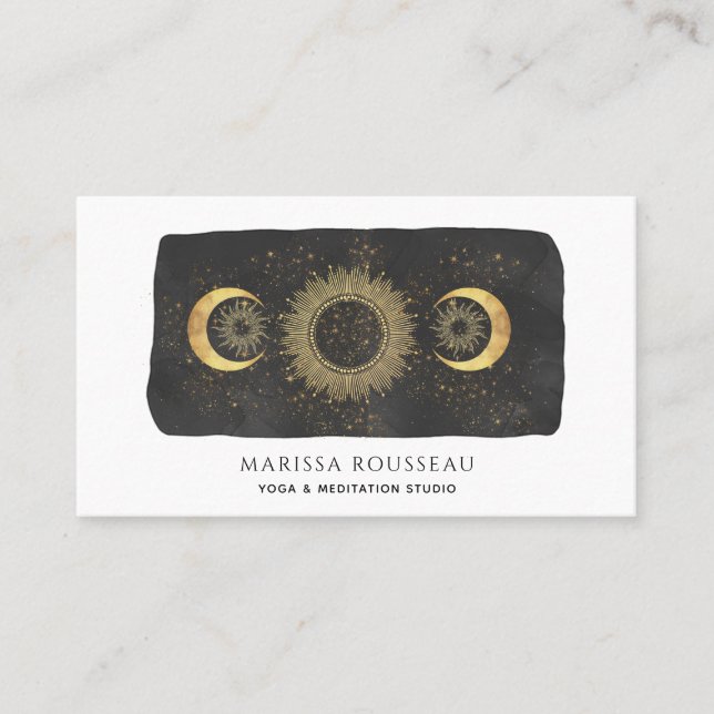 Sun Moon Stars Gold Black Yoga Studio Visitenkarte (Vorderseite)