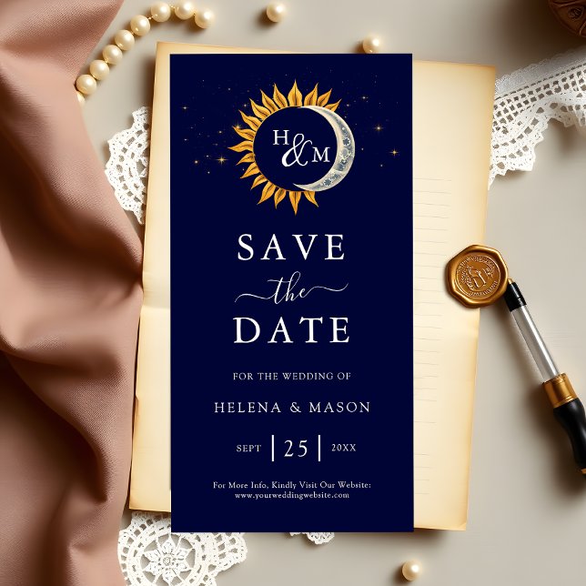 Sun Moon Stars Monogram Navy Blue Wedding Save The Date (Von Creator hochgeladen)