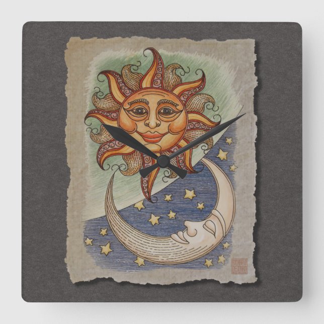 Sun Moon & Stars Quadratische Wanduhr (Vorderseite)