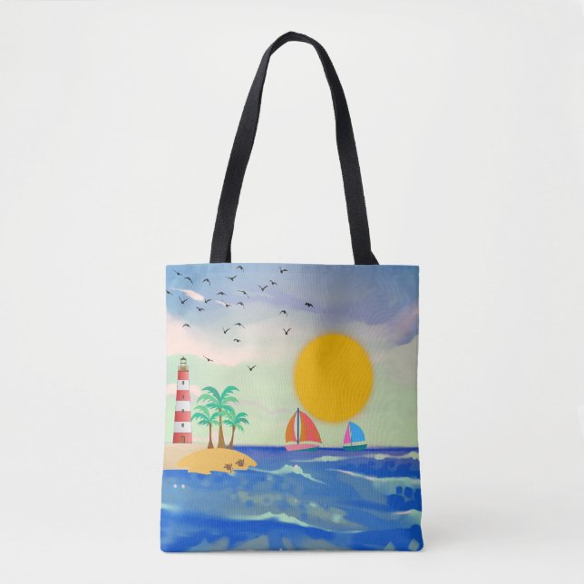 Sun Palm Trees Lighthouse Sailboote Niedliche Schi Tasche (Vorderseite)