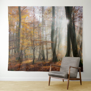 Sun Rays Mystic Landschaftlich Fall Forest Nature  Wandteppich