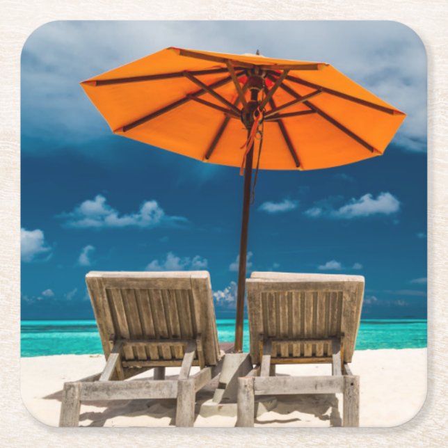 Sun-Regenschirm auf Sandy-Strand |Maldives Rechteckiger Pappuntersetzer (Vorderseite)