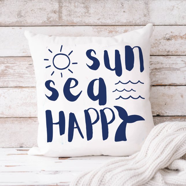 Sun Sea Happy Whale Waves Beach Typografie Kissen (Von Creator hochgeladen)