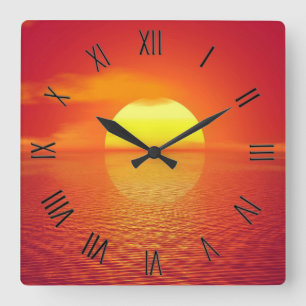  Sun Set Orange Calm Ocean Sonnenuntergang Schwarz Quadratische Wanduhr