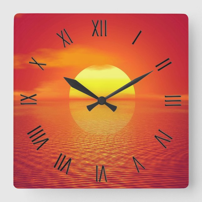  Sun Set Orange Calm Ocean Sonnenuntergang Schwarz Quadratische Wanduhr (Vorderseite)