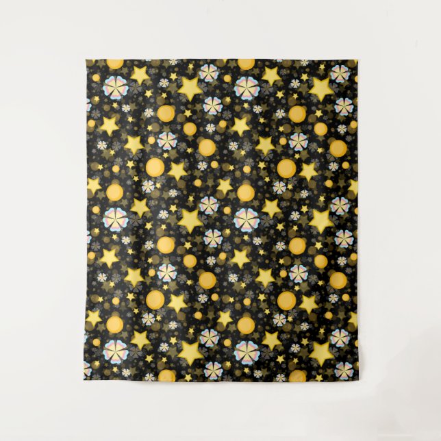 Sun Stars Blume Glitzer Black Design Wandteppich (Vorderseite)