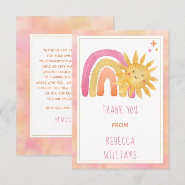 Sun | Sunshine and Rainbow Baby Dusche Vielen Dank Dankeskarte (Vorne/Hinten)