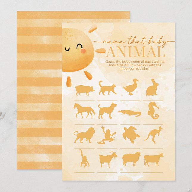 Sun Sunshine Name, Baby Animal Dusche Game Einladung (Vorne/Hinten)