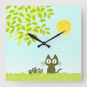 Sun und Blätter und schwarze Katze Quadratische Wanduhr