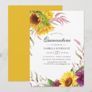 Sun und Burgund Plum Floral Quinceañera Einladung