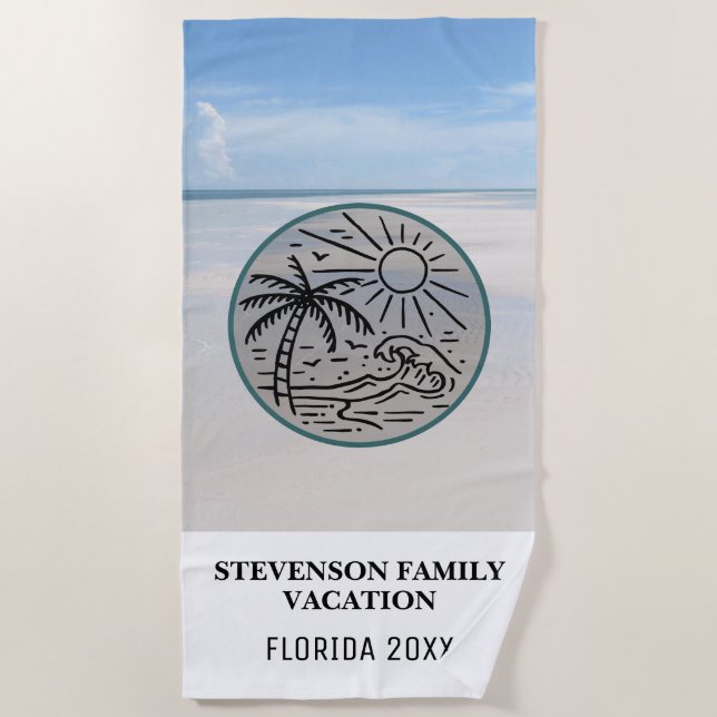 Sun- und Spaß-Familien-Ferien-Palme-Sand-Himmel Strandtuch (Vorderseite)