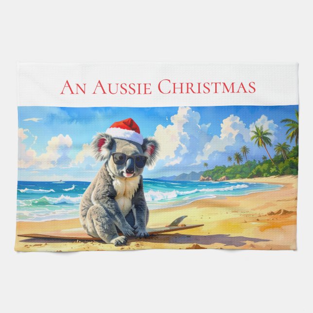 Sun und Surf Koala Weihnachtsmannmütze Ein Aussie  Geschirrtuch (Horizontal)