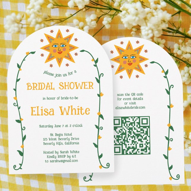 Sun & Vines Boho Arch Whimsical CUSTOM QR Bridal Einladung (Sun & Vines Boho Arch Whimsical CUSTOM QR Code Bridal Shower Invitation
)