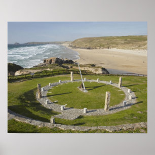 Sundial and Perran Beach, Perranporth, Cornwall Poster
