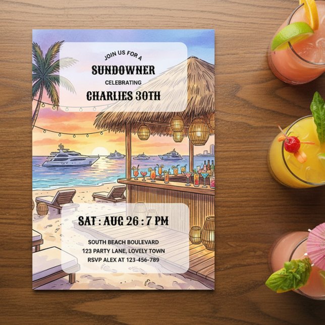 Sundowner Beach Bar Yacht Sunset 30er-Party Einladung (Sunset beach cocktail party invitation)