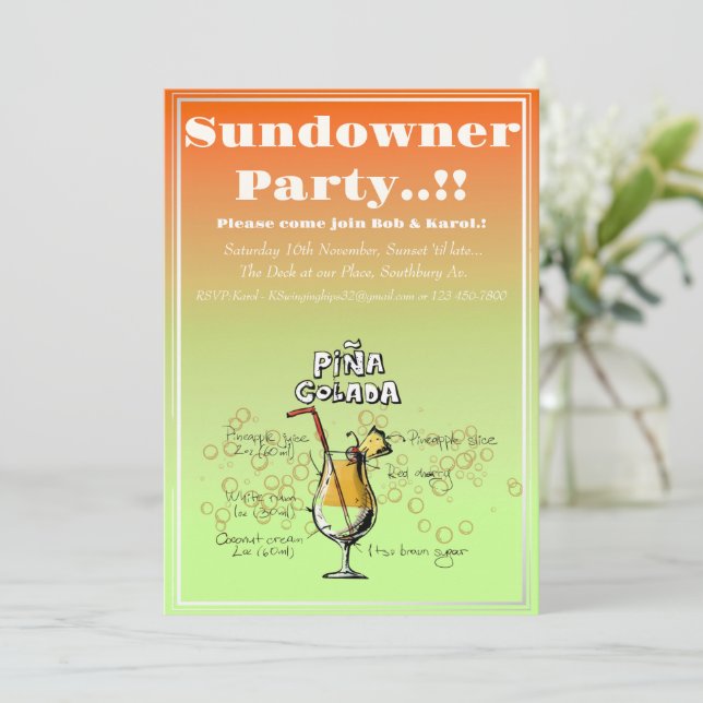 Sundowner Pina Colada Cocktail Party Einladung (Stehend Vorderseite)
