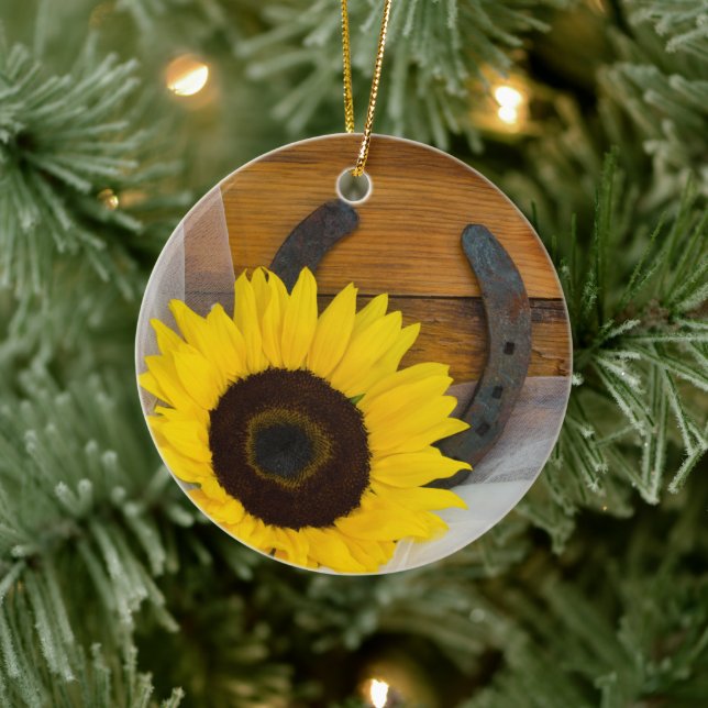 Sunflower and Horseshoe Country Western Wedding Keramikornament (Baum)