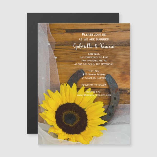 Sunflower and Horseshoe Western Wedding Magneteinladung (Vorne/Hinten)