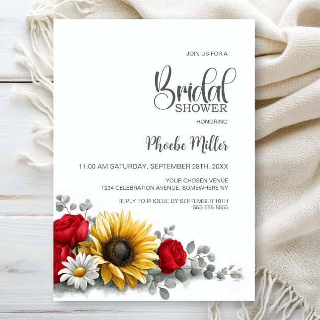 Sunflower and Red Rose Floral Bridal Shower Einladung (Von Creator hochgeladen)