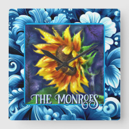 Sunflower at Night Flower Floral Personalized Quadratische Wanduhr
