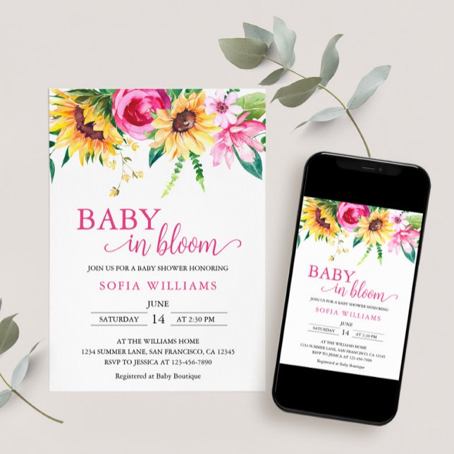 Sunflower Baby in Bloom Baby shower Invitation (Send as Evite, print at home, or shipped to home.)