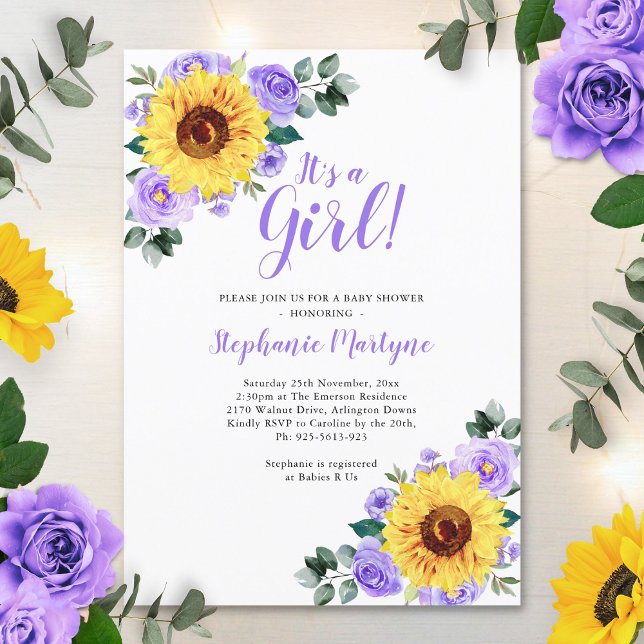 Sunflower Baby Shower Its A Girl Purple Einladung (Von Creator hochgeladen)