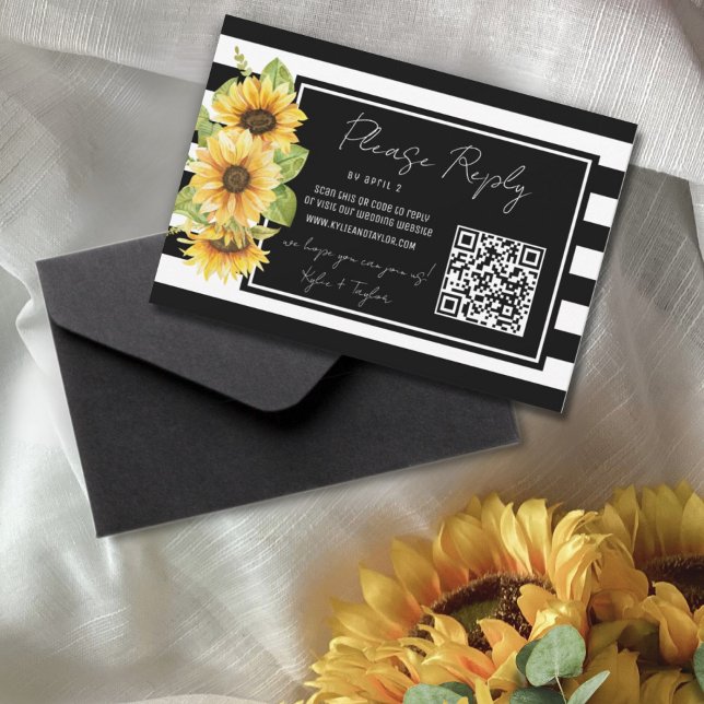 Sunflower Black Stripe Mariage QR Code RSVP Répons (Créateur téléchargé)