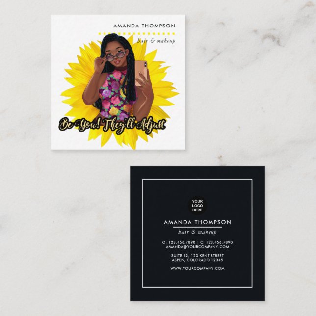 Sunflower Black Woman Beauty Fashion Square Busine Quadratische Visitenkarte (Vorne/Hinten)