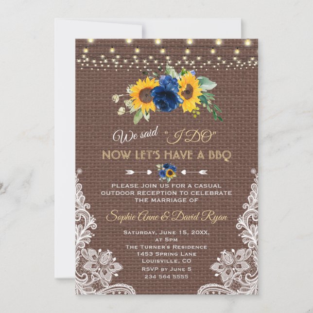 Sunflower Blue Floral Lace Burlap Wedding I DO BBQ Einladung (Vorderseite)