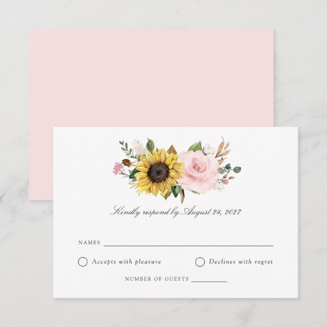 Sunflower Blush Floral Greenery Wedding Carte RSVP (Devant / Derrière)