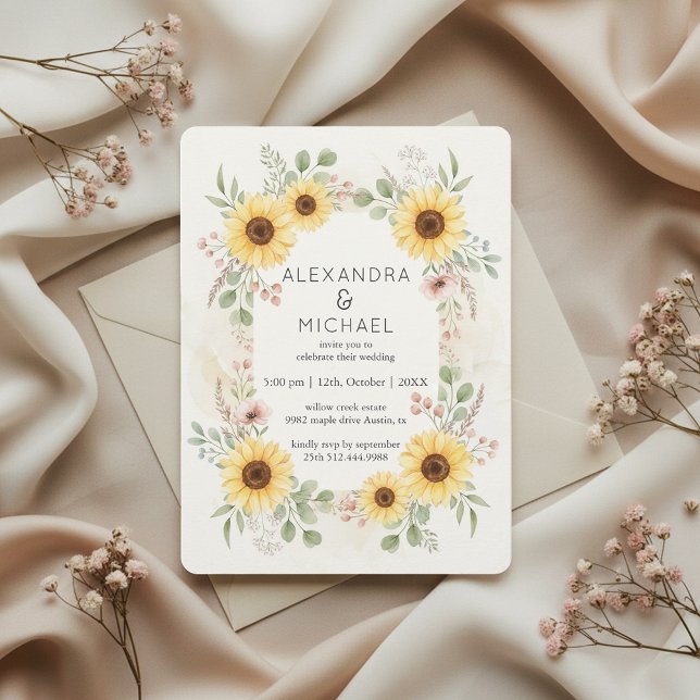 Sunflower Botanical Rustic Wedding Invitation Einladung (elegant rustic florals)