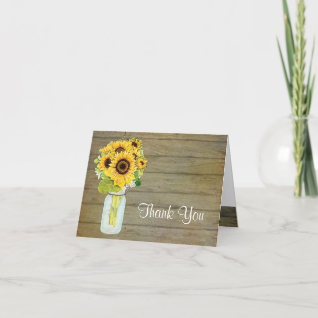 Sunflower Bouquet Rustikales Land Mason Jar Blume Dankeskarte (Vorderseite)