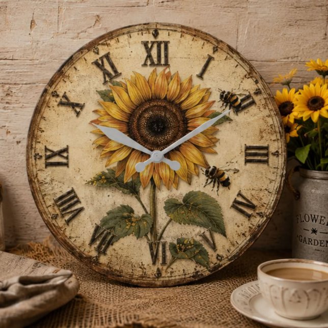 Sunflower & Bumble Bee Rustic Farmhouse Große Wanduhr (Von Creator hochgeladen)