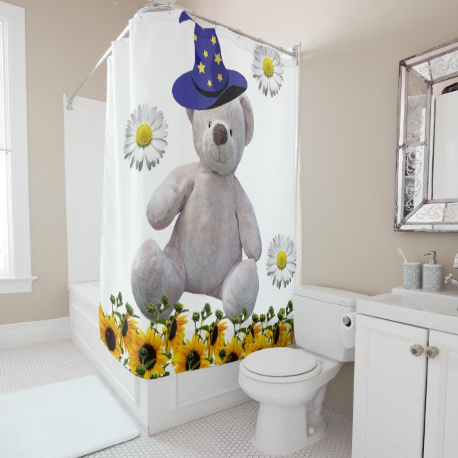 Sunflower Bumblebee BlancTeddy Ours Douche rideau (En situation)