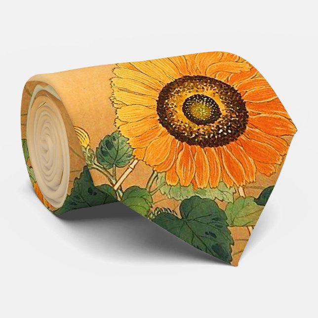SUNFLOWER, BUTTERFLY, GRÜNE BLÄTTER Japanischer Bl Krawatte (Gerollt)