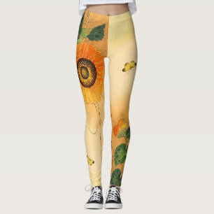 SUNFLOWER, BUTTERFLY, GRÜNE BLÄTTER Japanisches Bl Leggings