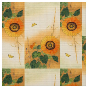 SUNFLOWER, BUTTERFLY, GRÜNE BLÄTTER Japanisches Bl Stoff