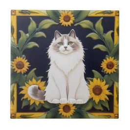 Sunflower Cats - Ragdoll Cat & Yellow Sunflowers Fliese