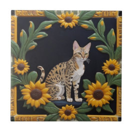 Sunflower Cats - Savannah Cat & Yellow Sunflowers Fliese