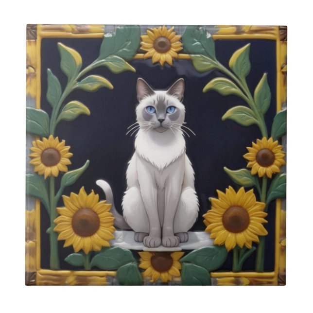 Sunflower Cats - Siamese Cat & Yellow Sunflowers Fliese (Vorderseite)