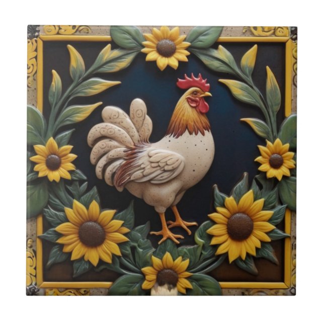 Sunflower Chicken - Brown Hen & Yellow Sunflowers Fliese (Vorderseite)