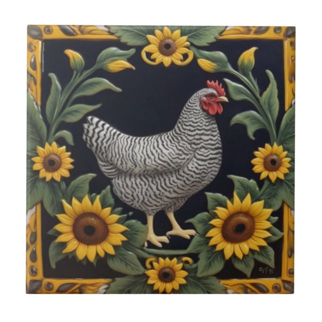 Sunflower Chicken - Grey Hen & Sunflowers Fliese (Vorderseite)