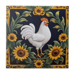 Sunflower Chicken - White Hen & Yellow Sunflowers Fliese