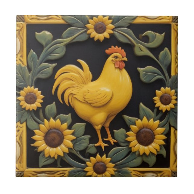 Sunflower Chicken - Yellow Hen & Sunflowers Fliese (Vorderseite)