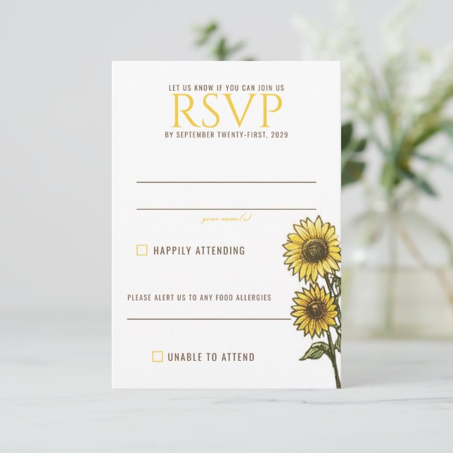 Sunflower Couple RSVP Karte (Stehend Vorderseite)